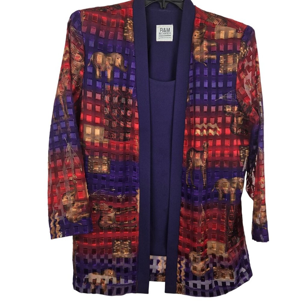 Women Business Casual Funky Purple Red Gold Geometric Pattern Layered Blazer Top